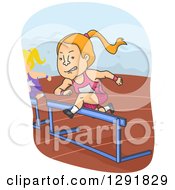 Poster, Art Print Of Cartoon Competitive Red Haired Caucasian Woman Leaping Hurdles On A Track