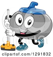 Cartoon Happy Curling Stone Character With A Broom