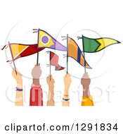 Clipart Of White And Black Hands Holding Up College Flags Royalty Free Vector Illustration