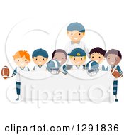 Poster, Art Print Of Happy Male Coach And A Team Of Football Player Boys Around A Blank Banner Sign