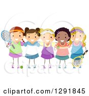 Clipart Of A Girls Tennis Team With Equipment Royalty Free Vector Illustration
