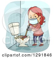 Poster, Art Print Of Cartoon Red Haired Caucasian Woman Plunging A Nasty Toilet