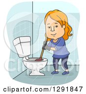 Poster, Art Print Of Cartoon Happy Red Haired White Woman Plunging A Toilet