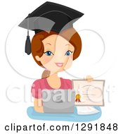 Poster, Art Print Of Proud Brunette Caucasian Woman Holding A Diploma By A Laptop Computer