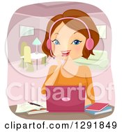 Clipart Of A Brunette Caucasian Woman Talking Through A Headset During An Online Class Royalty Free Vector Illustration