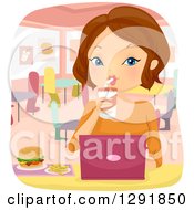 Poster, Art Print Of Brunette Caucasian Woman Working On A Laptop And Eating At A Fast Food Restaurant