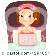 Clipart Of A Happy Brunette Caucasian Woman Using A Laptop Before Bed Time Royalty Free Vector Illustration