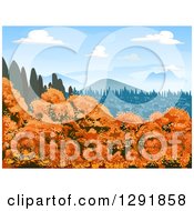 Poster, Art Print Of Landscape Of Autumn Trees Evergreens And Mountains On A Sunny Day