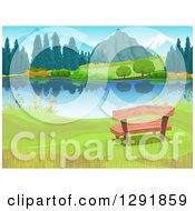 Poster, Art Print Of Wood Bench On The Shore Of A Still Lake Near Mountains