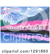 Waterfront Line Of Cherry Trees At The Base Of A Mountain