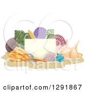 Clipart Of A Blank Sign Board And Sea Shells On Beach Sand Royalty Free Vector Illustration by BNP Design Studio