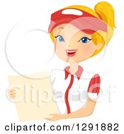 Clipart Of A Friendly Blond Caucasian Fast Food Waitress Holding A Menu Royalty Free Vector Illustration