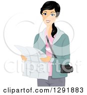 Clipart Of A Happy Black Haired Woman Holding A Tourist Map Royalty Free Vector Illustration by BNP Design Studio