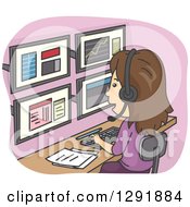 Poster, Art Print Of Cartoon Brunette White Stock Market Employee Using Multiple Computer Monitors