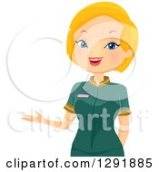 Clipart Of A Friendly Blond Caucasian Female Waitress Presenting Royalty Free Vector Illustration