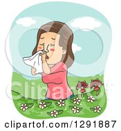 Cartoon Brunette Caucasian Woman Suffering From Allergies In A Flower Field