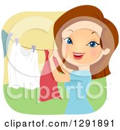 Poster, Art Print Of Brunette Caucasian Woman Hanging Laundry On A Clothesline
