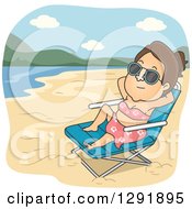 Poster, Art Print Of Cartoon Brunette Caucasian Woman Relaxing In A Beach Chair