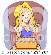 Poster, Art Print Of Cartoon Excited Blond Caucasian Woman Receiving A Package