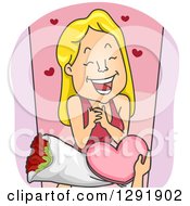 Poster, Art Print Of Cartoon Blond Caucasian Woman Receiving A Valentine Box Of Chocolates And Roses