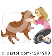 Clipart Of A Dirty Blond Caucasian Woman Kneeling And Petting Her Dog Royalty Free Vector Illustration