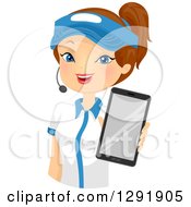 Clipart Of A Brunette Caucasian Female Fast Food Restaurant Worker Holding Out A Tablet Computer Royalty Free Vector Illustration