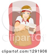 Blond Caucasian Female Fast Food Restaurant Worker Holding Out A Take Out Bag Through A Drive Through Window