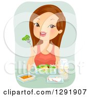 Clipart Of A Brunette Caucasian Woman Holding A Piece Of Lettuce On A Fork Over A Salad Royalty Free Vector Illustration