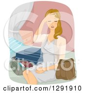 Dirty Blond Caucasian Woman With Jet Lag Sitting On A Bed With Luggage