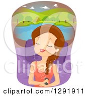 Clipart Of A Happy Brunette Caucasian Woman Relaxing And Listenting To Nature Sounds Royalty Free Vector Illustration