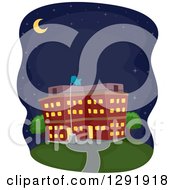 Clipart Of A Crescent Moon And Night Sky Over A School Building Royalty Free Vector Illustration