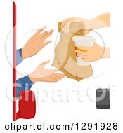 Clipart Of A Pair Of Hands Reaching From A Car To Grab A Take Out Bag From A Drive Through Restaurant Royalty Free Vector Illustration