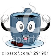 Poster, Art Print Of Cartoon Happy Blue Hot Strong Coffee Character Flexing Muscles