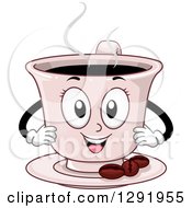 Cartoon Happy Pink Hot Coffee Character On A Saucer With Beans