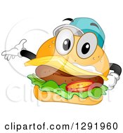 Clipart Of A Cartoon Happy Cheeseburger Character Wearing A Baseball Cap And Presenting Royalty Free Vector Illustration by BNP Design Studio