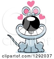 Poster, Art Print Of Cartoon Loving Gray Mouse Sitting With Hearts