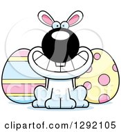 Poster, Art Print Of Cartoon Happy Grinning White Easter Bunny With Eggs