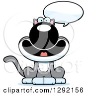 Clipart Of A Cartoon Happy Gray And White Cat Talking Royalty Free Vector Illustration