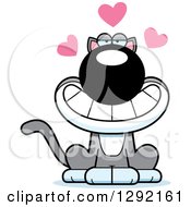 Clipart Of A Cartoon Romantic Gray And White Cat With Love Hearts Royalty Free Vector Illustration