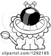 Poster, Art Print Of Black And White Cartoon Happy Grinning Male Lion Sitting