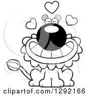 Lineart Clipart Of A Black And White Cartoon Loving Male Lion Sitting With Hearts Royalty Free Animal Vector Illustration