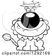 Lineart Clipart Of A Black And White Cartoon Dizzy Or Drunk Male Lion Sitting Royalty Free Animal Vector Illustration