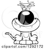 Lineart Clipart Of A Black And White Cartoon Drunk Or Dizzy Sitting Tasmanian Tiger Royalty Free Wild Animal Vector Illustration by Cory Thoman