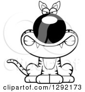Lineart Clipart Of A Black And White Cartoon Happy Sitting Tasmanian Tiger Royalty Free Wild Animal Vector Illustration