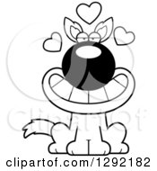 Lineart Clipart Of A Black And White Cartoon Loving Sitting Wolf With Hearts Royalty Free Wild Animal Vector Illustration