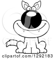 Poster, Art Print Of Black And White Cartoon Happy Sitting Wolf