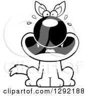 Lineart Clipart Of A Black And White Cartoon Scared Screaming Sitting Wolf Royalty Free Wild Animal Vector Illustration