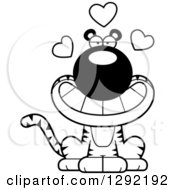 Poster, Art Print Of Black And White Cartoon Loving Sitting Tiger Big Cat With Hearts