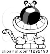 Poster, Art Print Of Black And White Cartoon Happy Grinning Sitting Tiger Big Cat