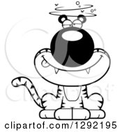 Wild Animal Clipart Of A Black And White Cartoon Dizzy Or Drunk Sitting Tiger Big Cat Royalty Free Lineart Vector Illustration